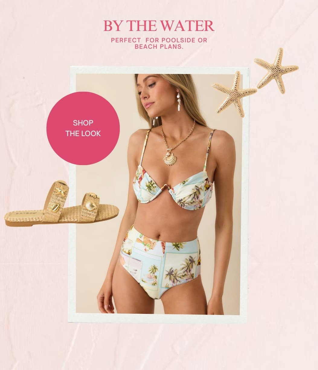 By the water: perfect for poolside or beach plans. Model wearing a Vintage Postcard Print bikini. Shop the Look. 