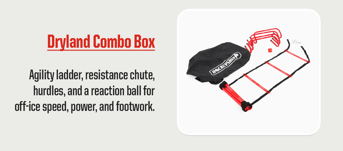 Product Block 2: Dryland Combo Box. Agility ladder, resistance chute, hurdles, and a reaction ball for off-ice speed, power, and footwork.