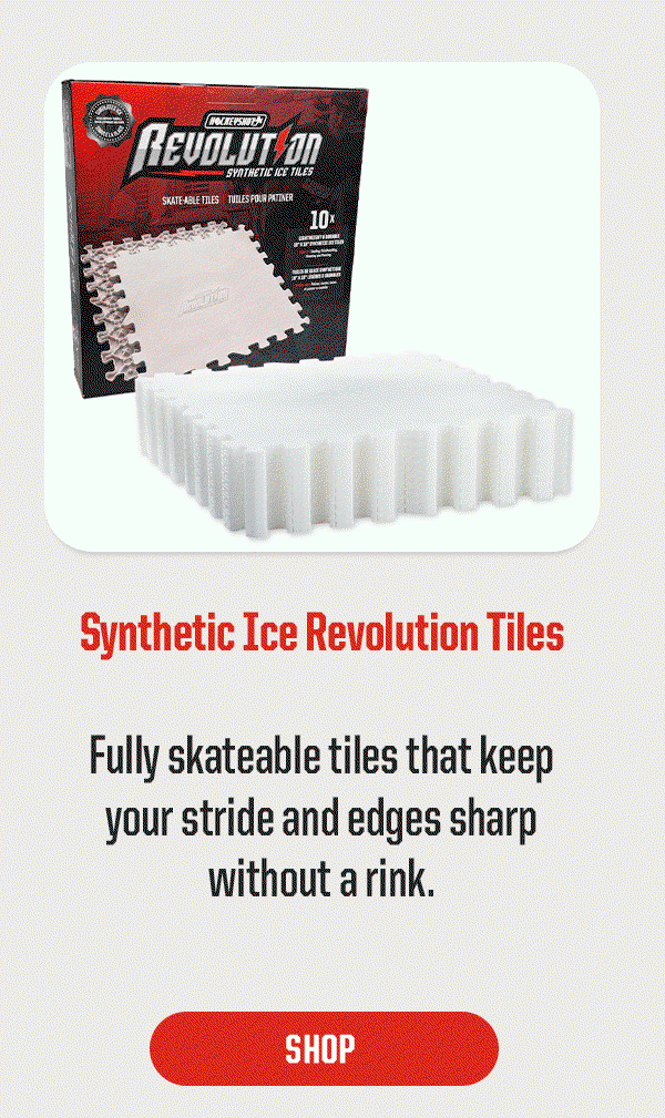 Product Block 3: Synthetic Ice Revolution Tiles. Fully skateable tiles that keep your stride and edges sharp without a rink. CTA: Shop Now
