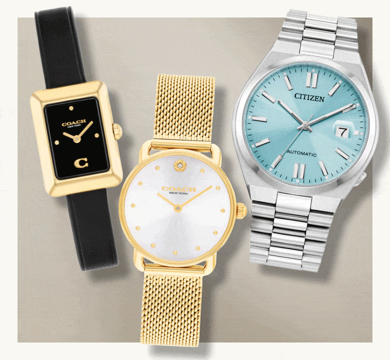 Rotating metal & leather black with gold dial, classic gold mesh & silver with turquoise dial watches.