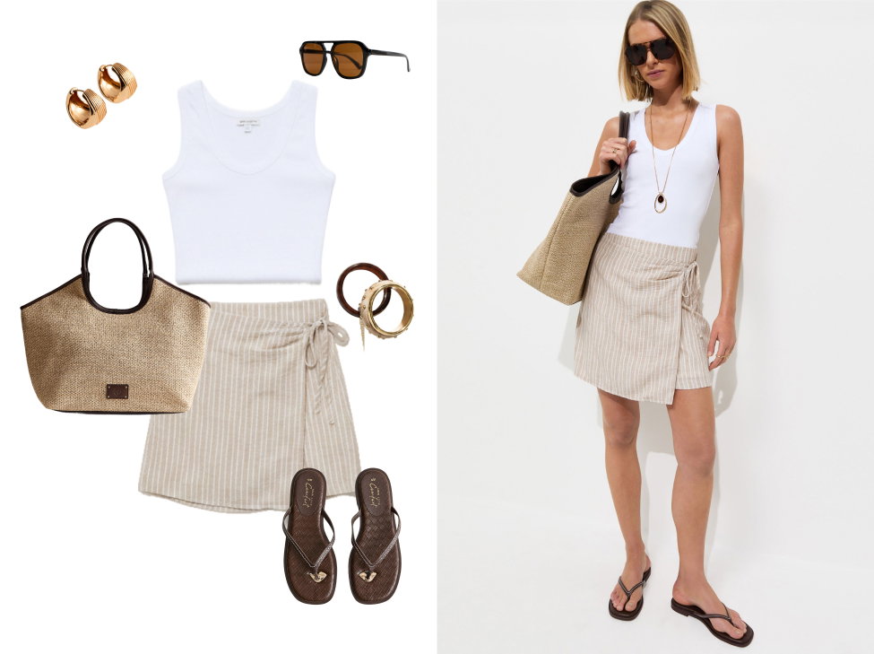 Flat brown sandals are displayed alongside a model wearing a tropical palm-print co-ord set on a sunny beach. Framed by tropical leaf illustrations, the image features the headline “Easy Separates” and promotes styling printed separates with matching sandals and accessories for a holiday-ready look.