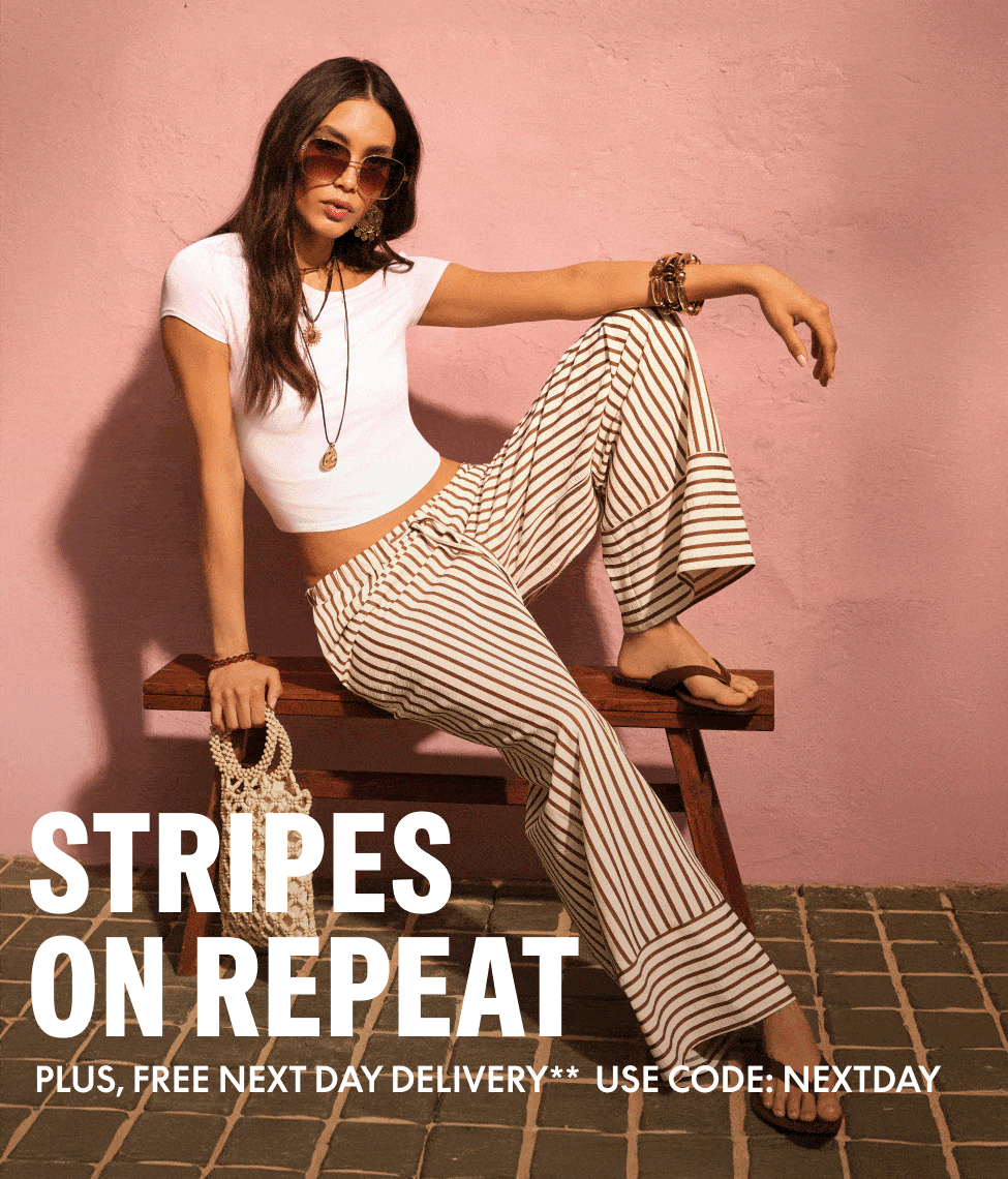 Three women model summer holiday outfits on a sunny tropical beach, wearing flowing maxi dresses, a printed co-ord set, and a gold embellished dress. Palm trees and bright sunshine create a luxury resort backdrop, with the text “Escape in Style” overlaid across the image.