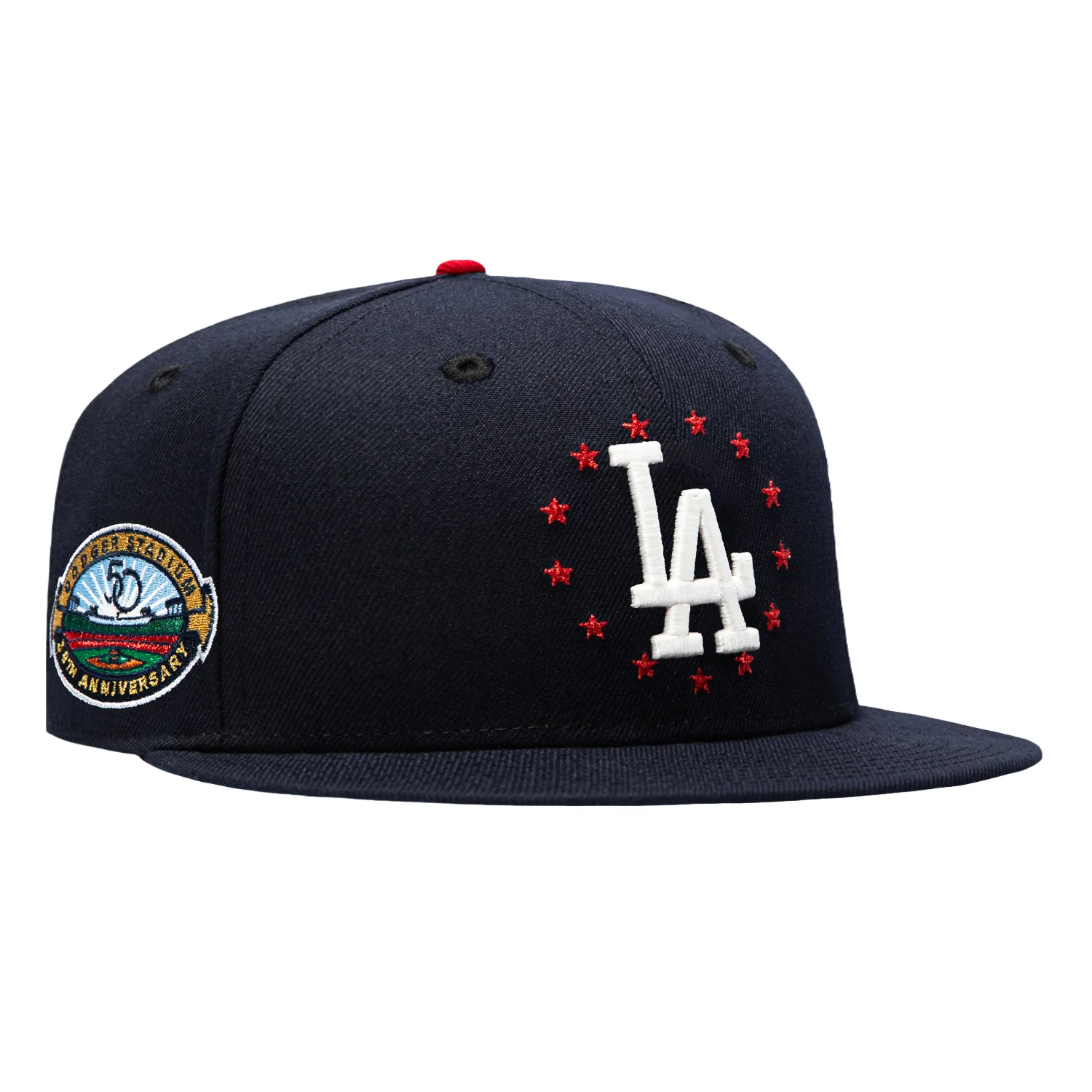 Image of New Era 59Fifty Star Spangled Bangers Los Angeles Dodgers 50th Anniversary Stadium Patch Red UV Hat - Navy