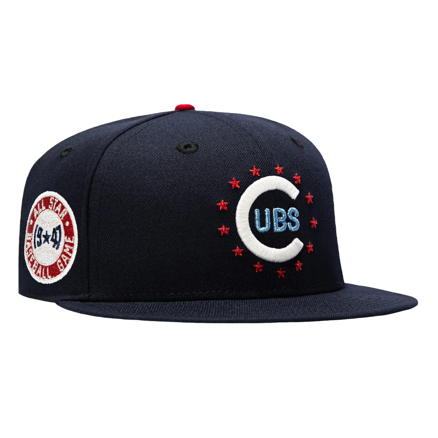 Image of New Era 59Fifty Star Spangled Bangers Chicago Cubs 1947 All Star Game Patch Red UV Hat - Navy