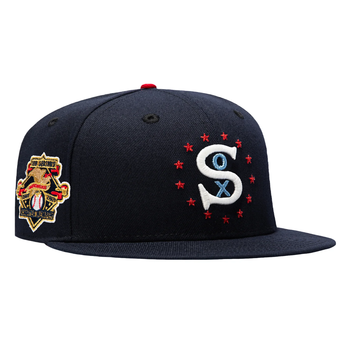 Image of New Era 59Fifty Star Spangled Bangers Chicago White Sox American League Charter Member Patch Red UV Hat - Navy