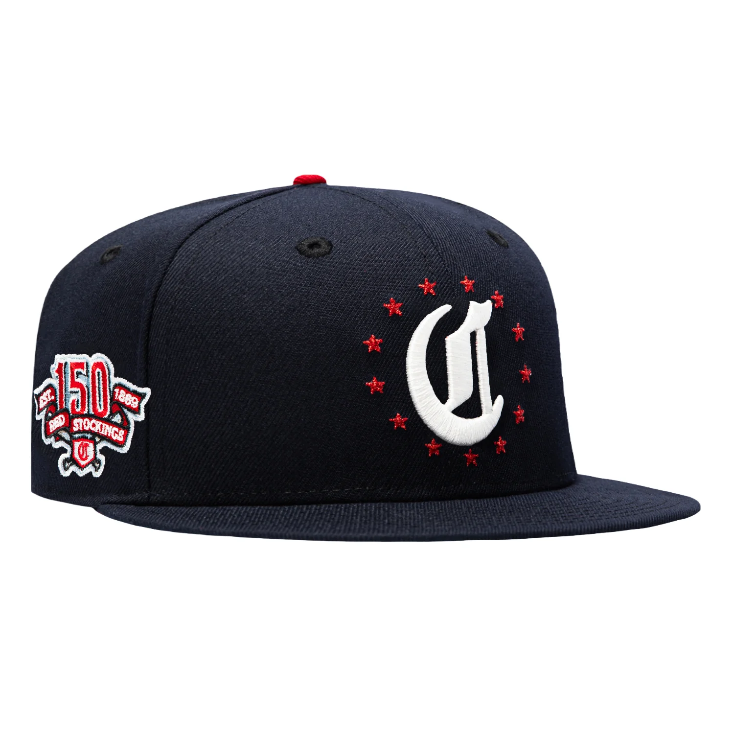 Image of New Era 59Fifty Star Spangled Bangers Cincinnati Reds 150th Anniversary Patch Old English Red UV Hat - Navy
