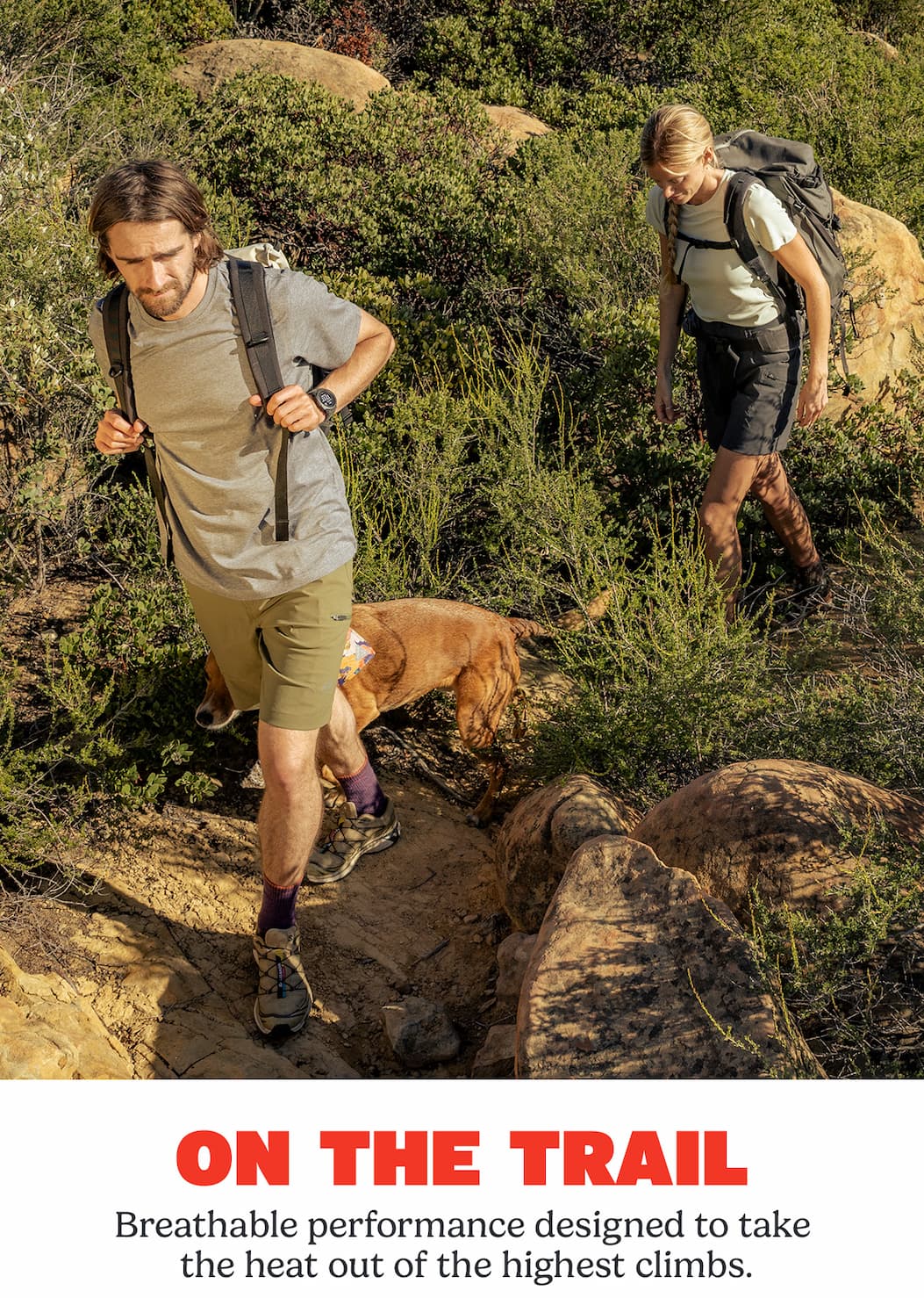 Man and woman hiking a trail with a dog