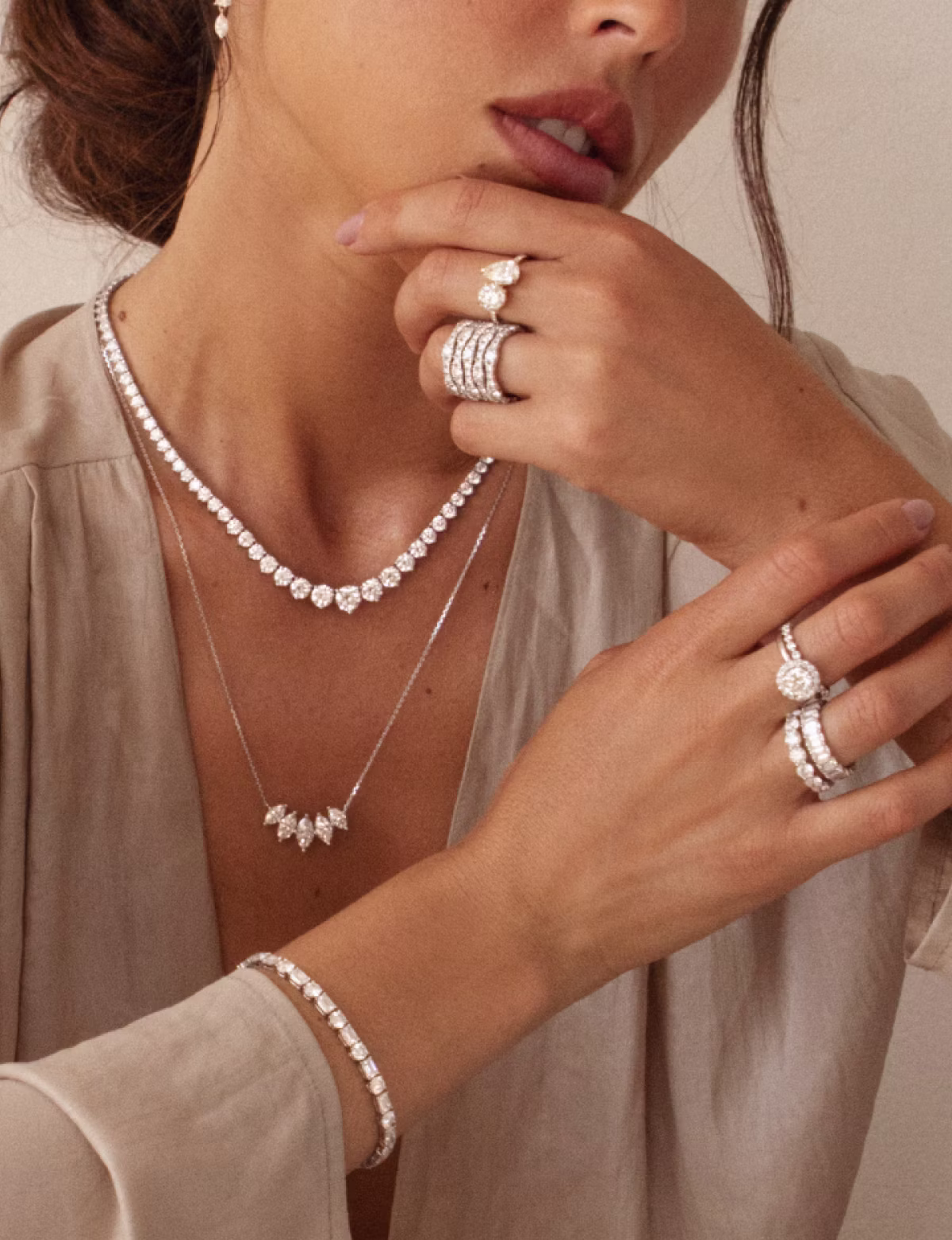 Pair multi-stone settings with tennis jewelry and more for a showstopping bridal look.