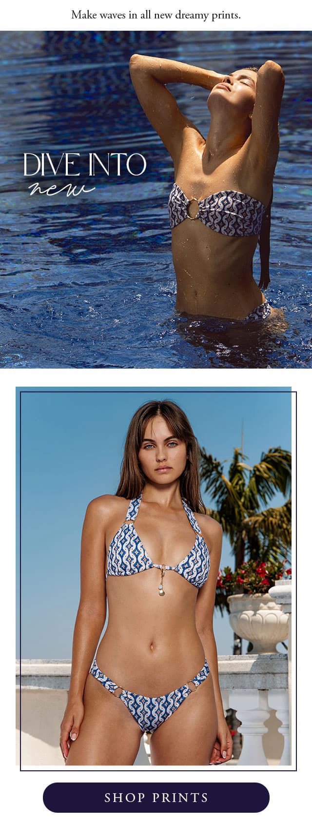 Model wearing blue and white printed bandeau bikini top and a halter version. Shop prints