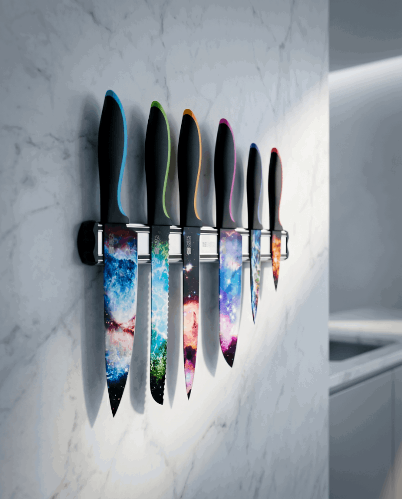 Cosmos Knife Set with Silver Magnetic Holder on Marble Wall