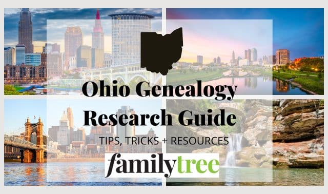 Collage of Ohio city skylines and a waterfall with text: "Ohio Genealogy Research Guide—Tips, Tricks + Resources, familytree." Ohio state silhouette at top center.