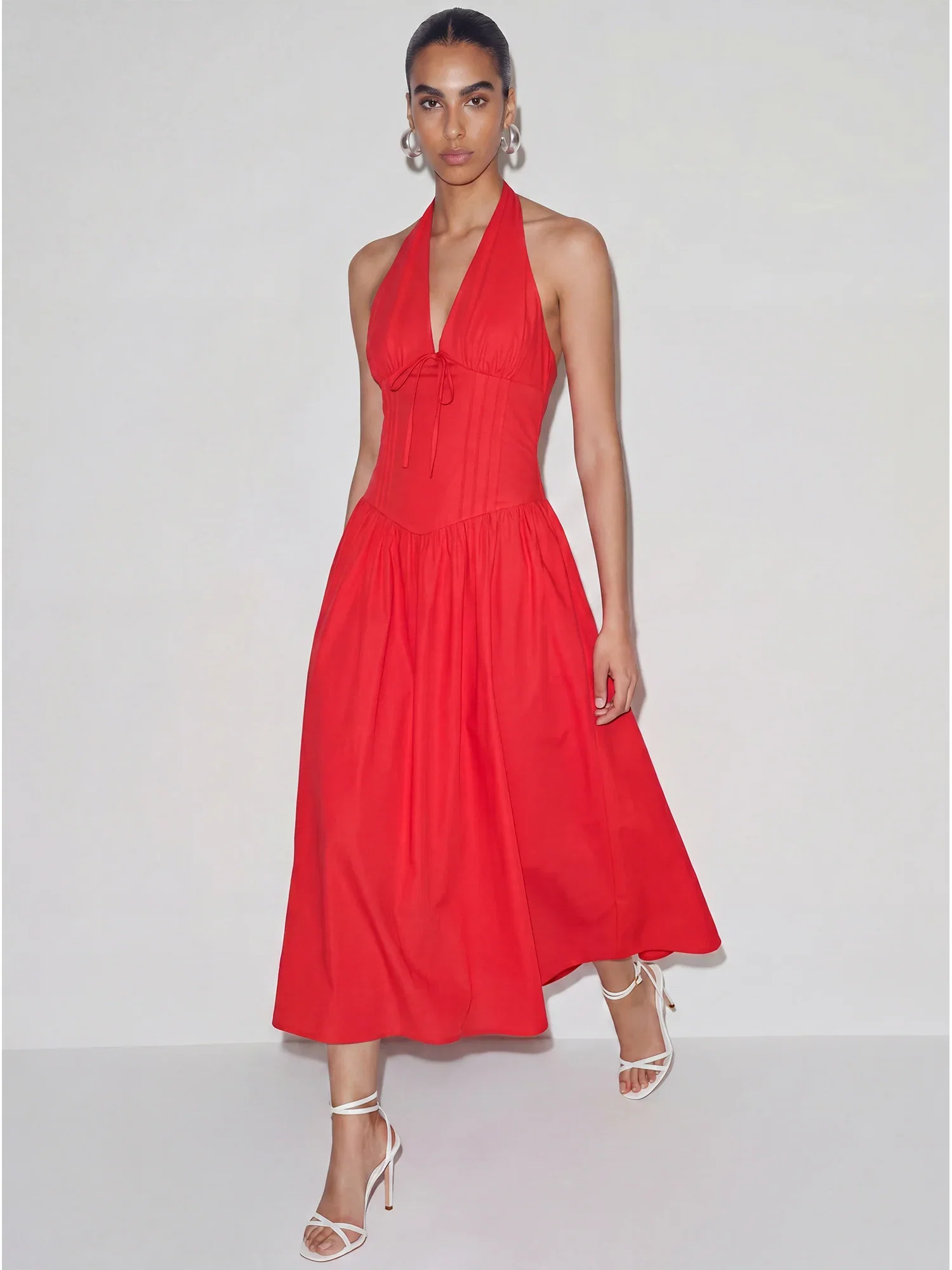 Image of Sleeveless V Neck Halter Neck Fit And Flare Maxi Dress