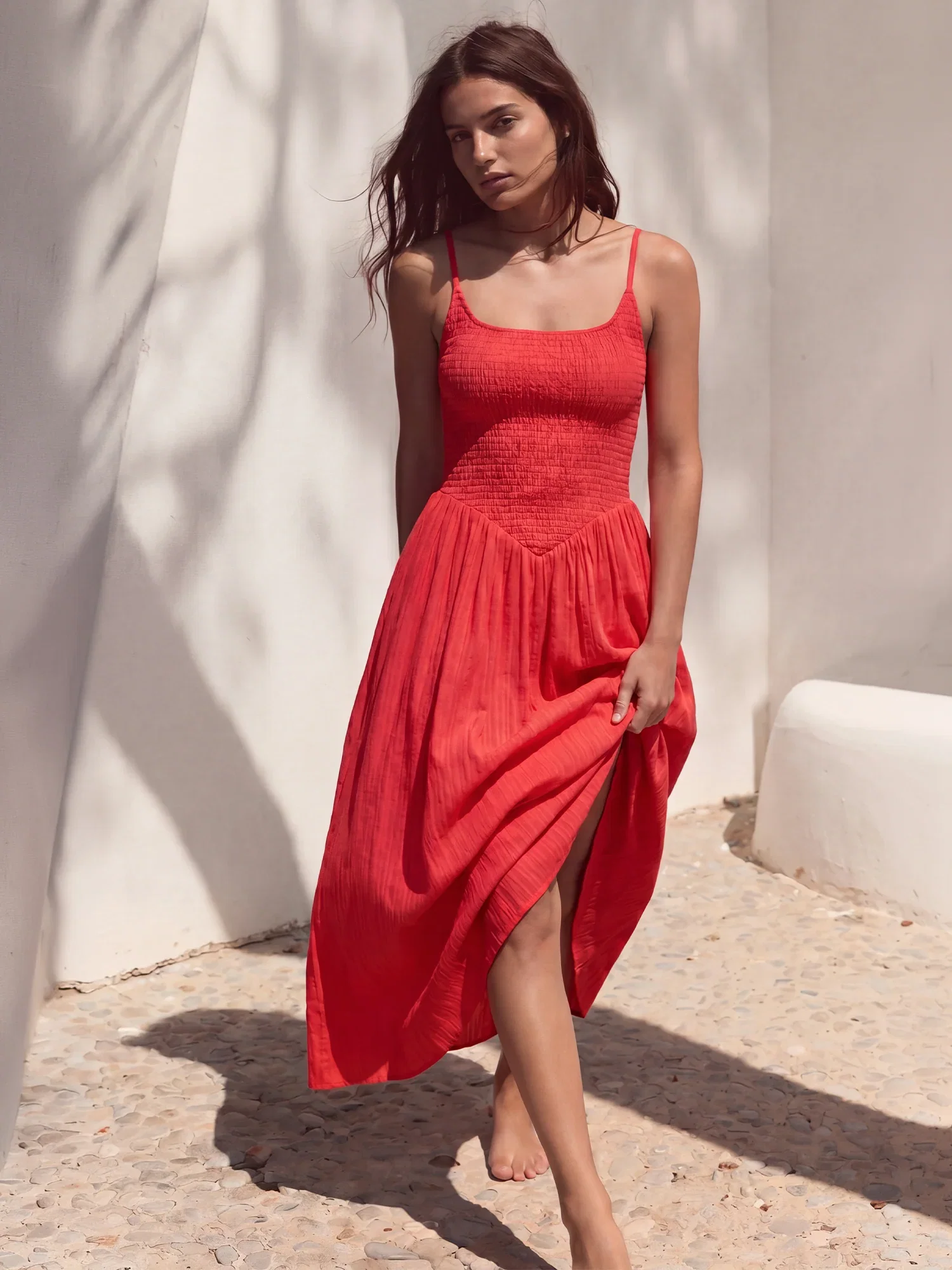 Image of Sleeveless Smocked Square Neck V Bodice Midi Sun Dress