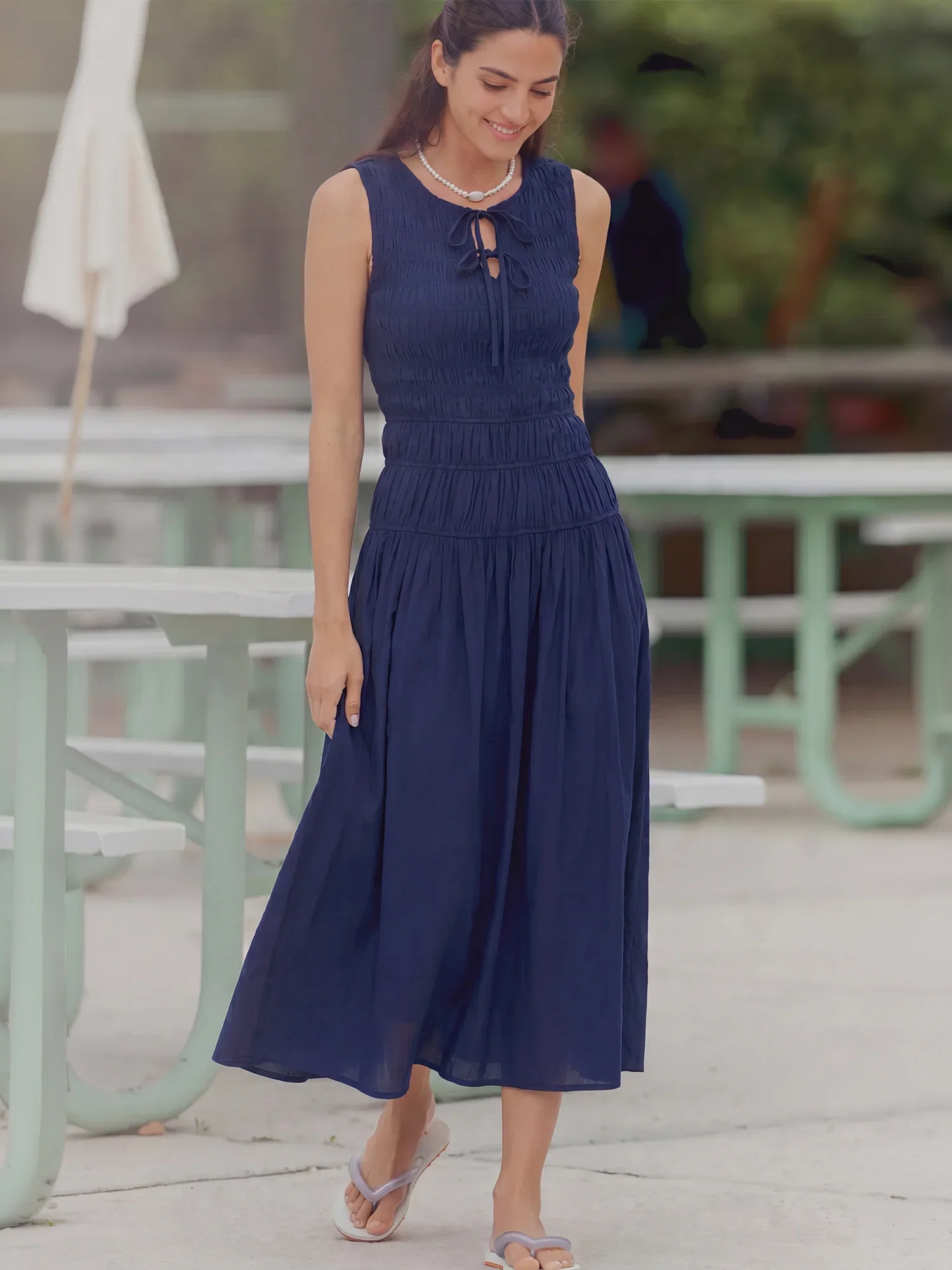 Image of Sleeveless Ruched Bodice Tie Neck A Line Maxi Dress