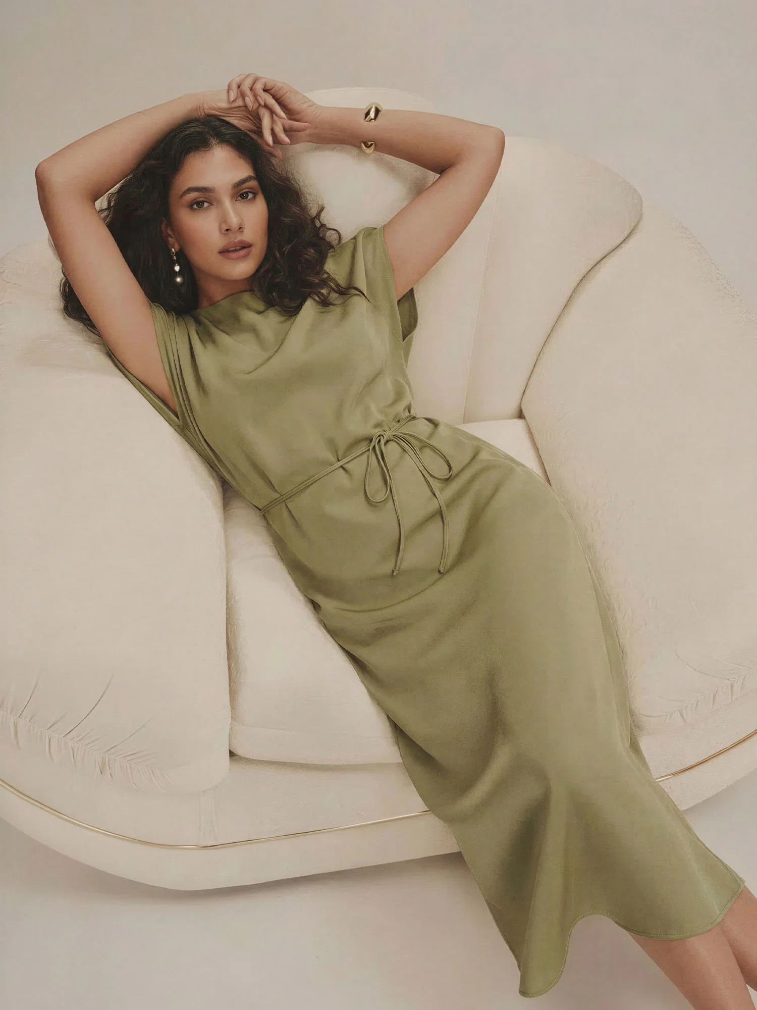 Image of Satin Tie Front Boat Neckline With Dolman Sleeves Midi Dress