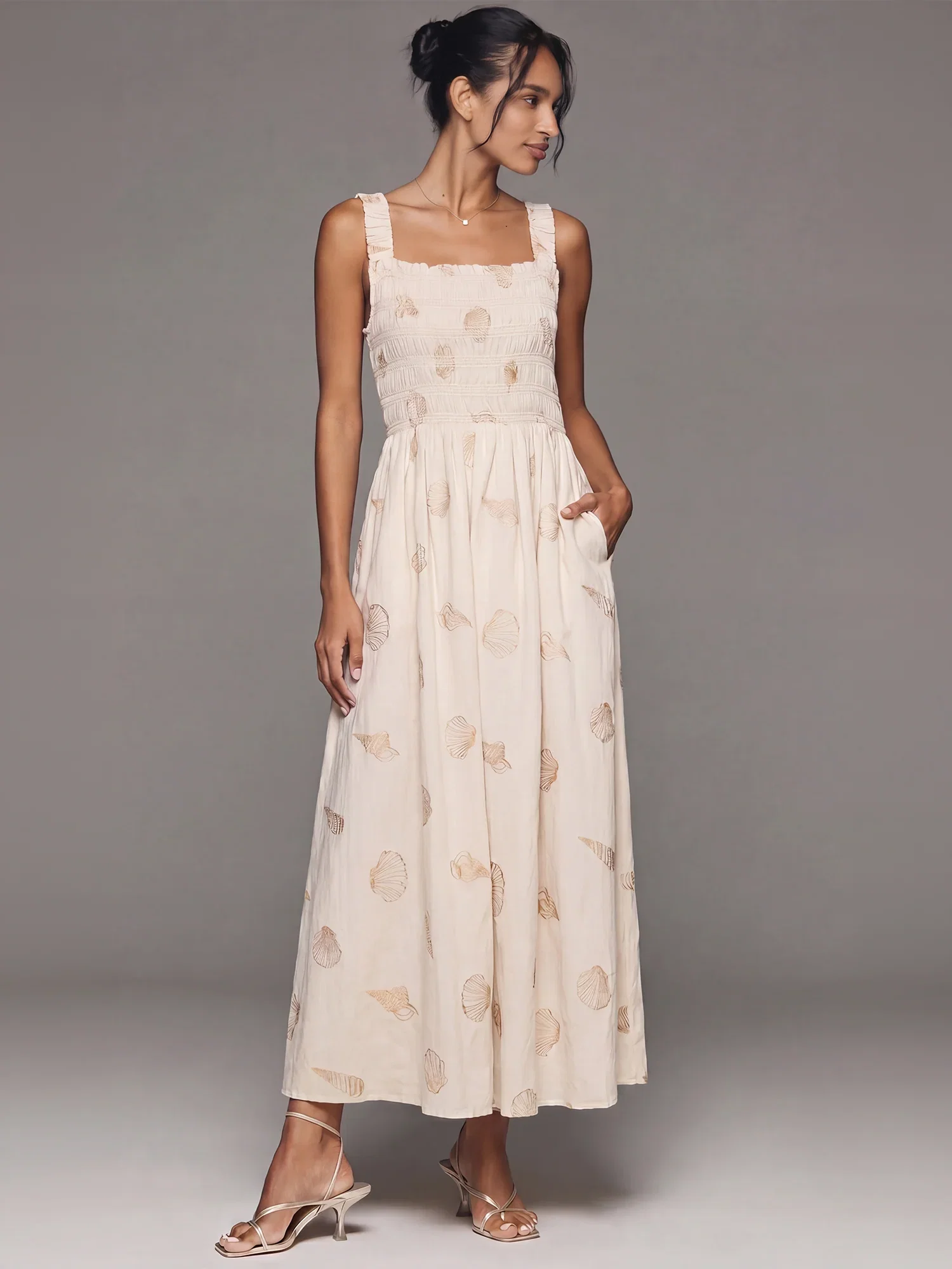 Image of Seashell Smocked A Line Maxi Dress Ruffled Shoulder Straps