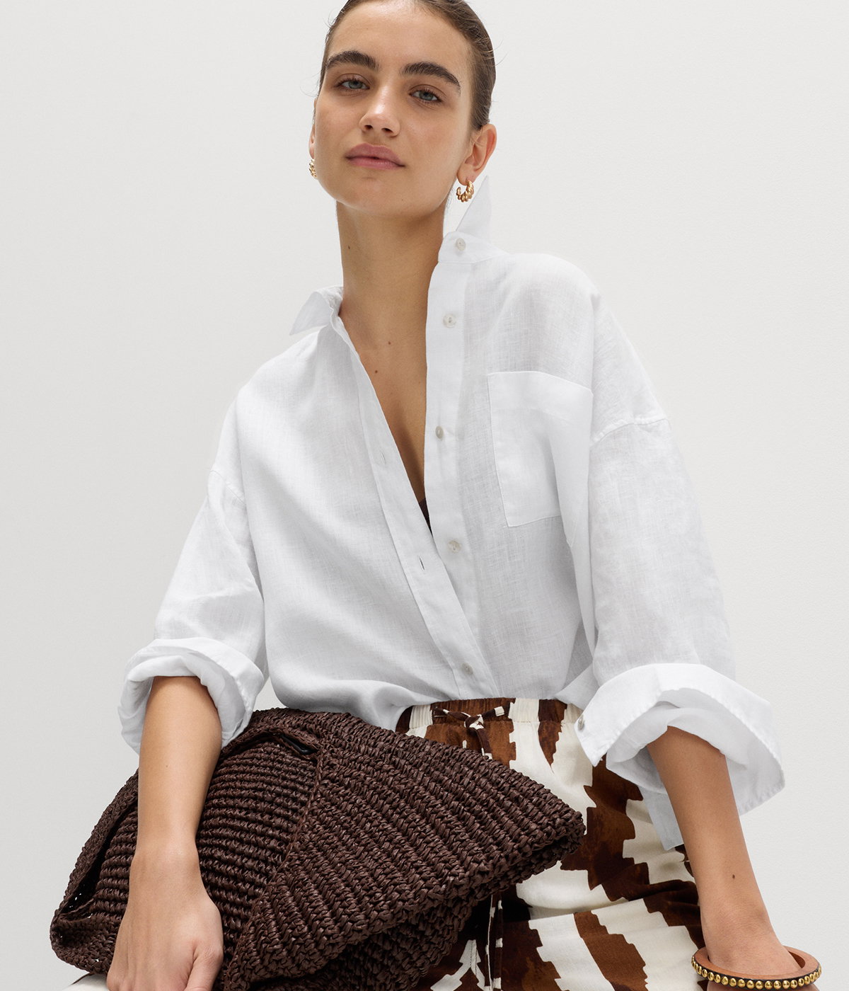 Woman wearing Pure Linen Relaxed Shirt in White