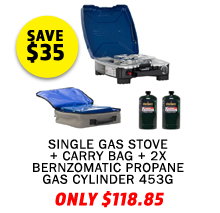 Gas Stove Single Burner + Gas Stove Single Burner - Carry Bag + 2x Bernzomatic Propane Gas Cylinder 453G