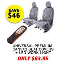 Universal Premium Canvas Seat Covers (Pair) + LED Work Light