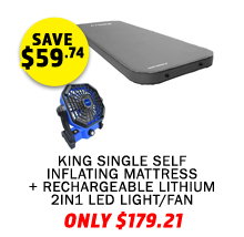 Premium Self-Inflating Mattress King Single + Lithium 2-in-1 LED Fan