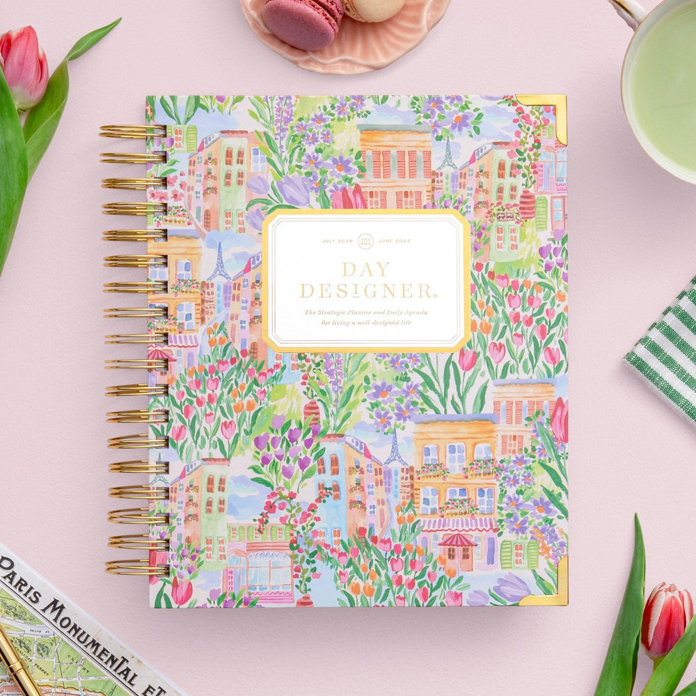 day designer planner with Parisian pattern, blush pink background, flowers, tea cup, cookies