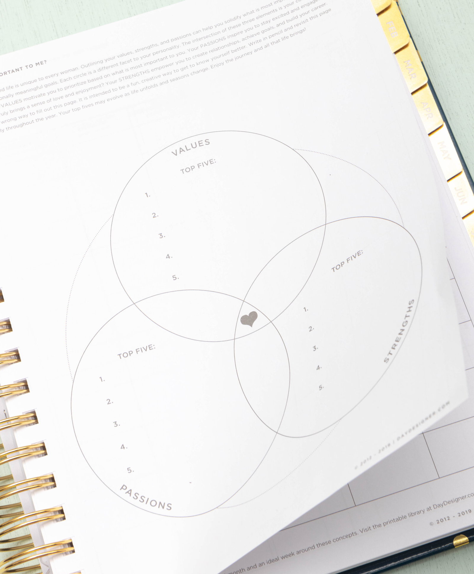 planner goal worksheet showing values, passions, and strengths, gold tabs and binding