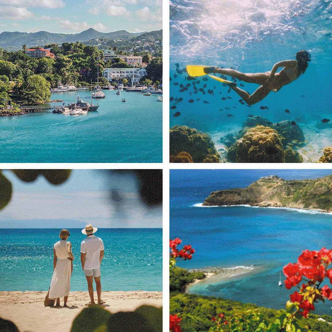 A woman scuba-diving with fish, a couple on the beach, and scenic views of Caribbean beaches.