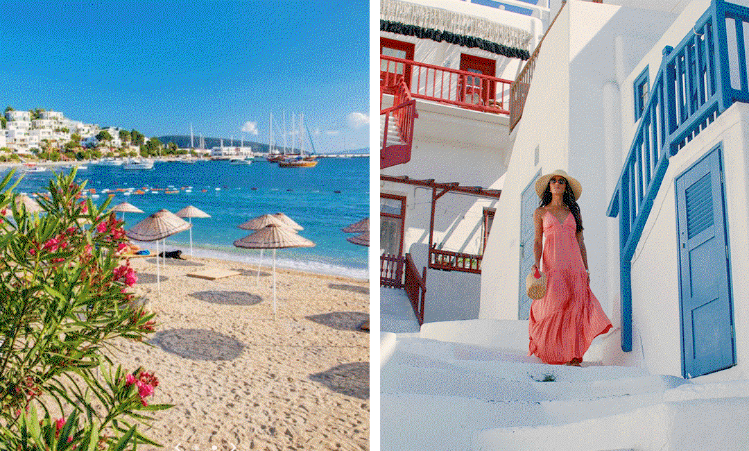 Mediterranean Beach and a woman walking in Greece.