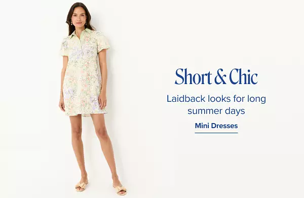 A woman in a floral mini dress. Short and chic. Laidback looks for long summer days. Mini dresses.