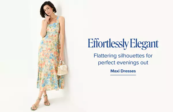 A woman in a floral maxi dress. Efforltessly elegant. Flattering silhouettes for perfect evenings out. Maxi dresses.