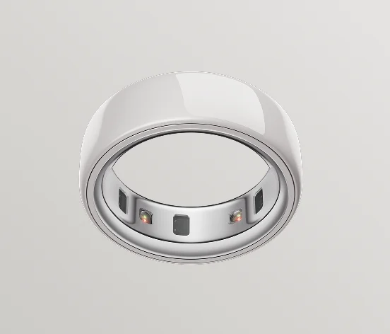Oura Ring 4 in cloud finish, viewed from below showing recessed health sensors