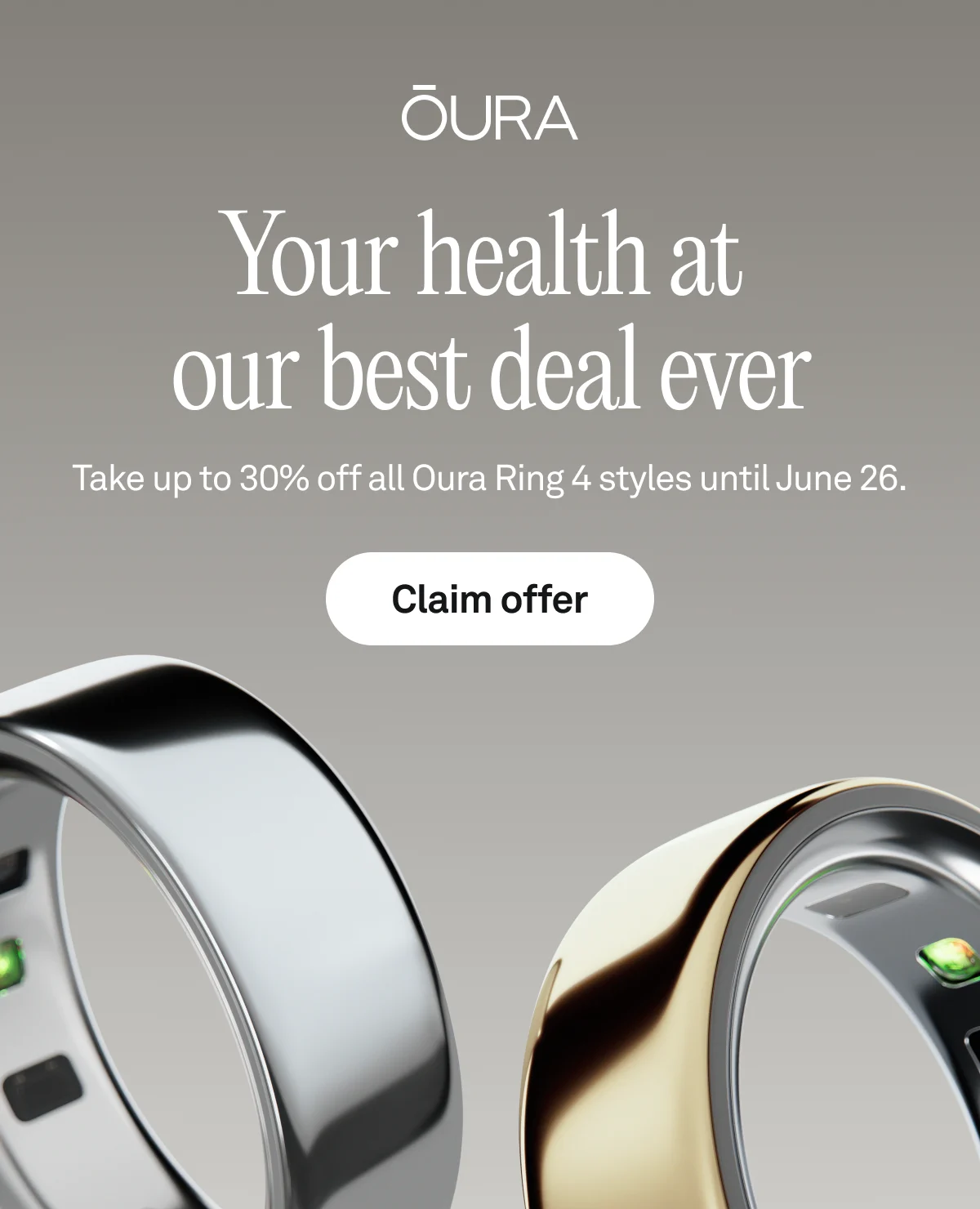 Oura Ring 4 promotional banner with Silver and Gold rings. Headline: 