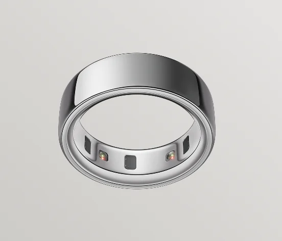Oura Ring 4 in silver finish, viewed from below showing recessed health sensors