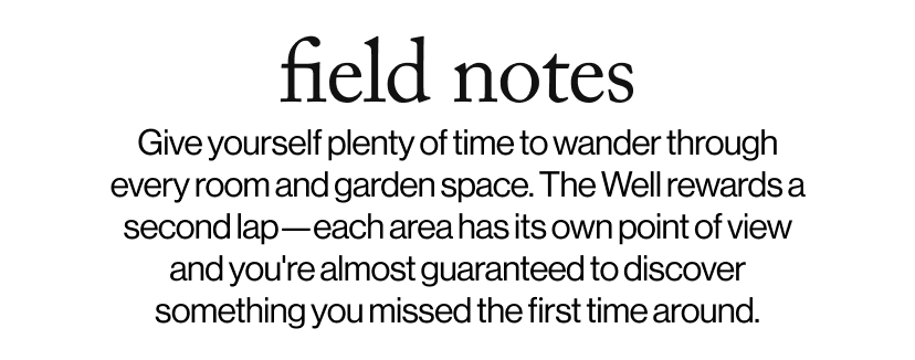 field notes -   Give yourself plenty of time to wander through every room and garden space. The Well rewards a second lap—each area has its own point of view and you're almost guaranteed to discover something you missed the first time around.