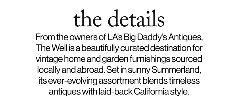 the details -   From the owners of LA’s Big Daddy’s Antiques, The Well is a beautifully curated destination for vintage home and garden furnishings sourced locally and abroad. Set in sunny Summerland, its ever-evolving assortment blends timeless antiques with laid-back California style.  