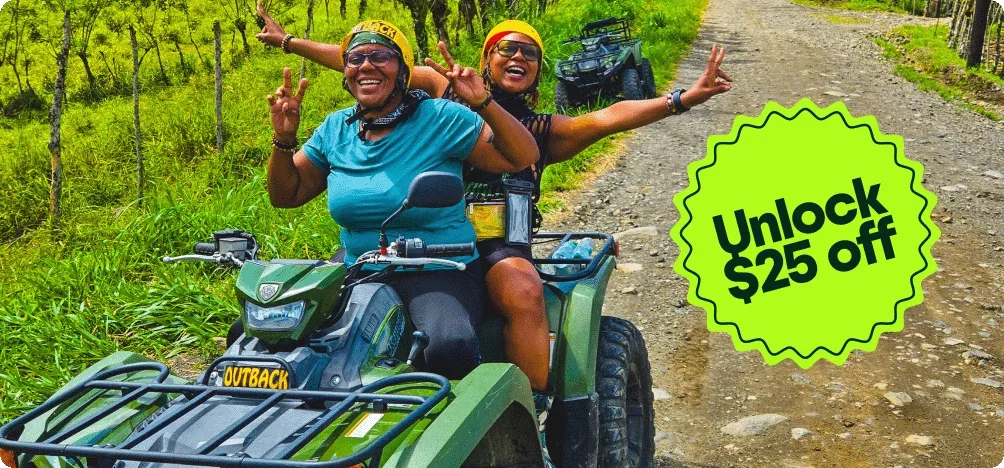 Image Description: Two people riding an ATV. An “Unlock $25 off” sticker is on the image.
