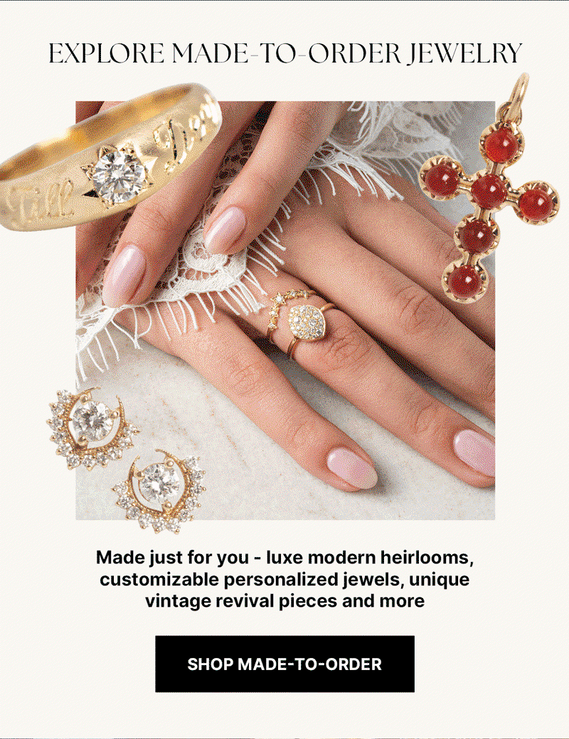 rotating GIF image featuring different styles of made to order jewelry like gemstone rings, gold rings, sterling silver rings, natural gemstones, and more.  image also features a jeweled cross, "till death" ring with a diamond and some diamond earrings.
