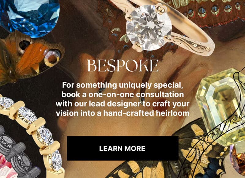 image featuring some jewelry that is cropped over a designed background image.  text in image speaks to Bespoke Design Consultation via Local Eclectic, a chance to work 1 on 1 with our lead designer to craft your own vision into a hand-crafter heirloom.