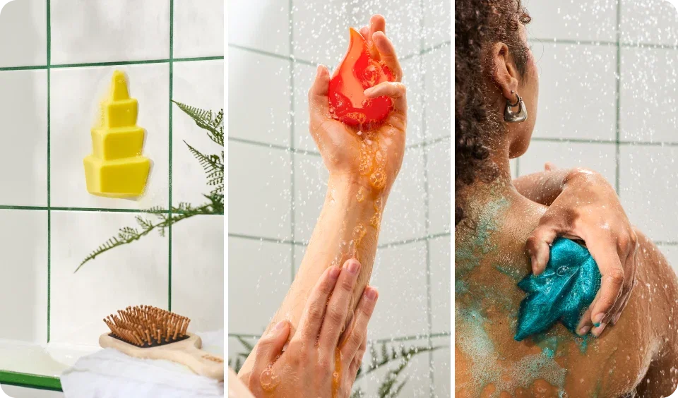3x sliced image:  A shower gummy adheres vertically to bathroom tiles, while two other shower gummies are currently being used by people while showering.