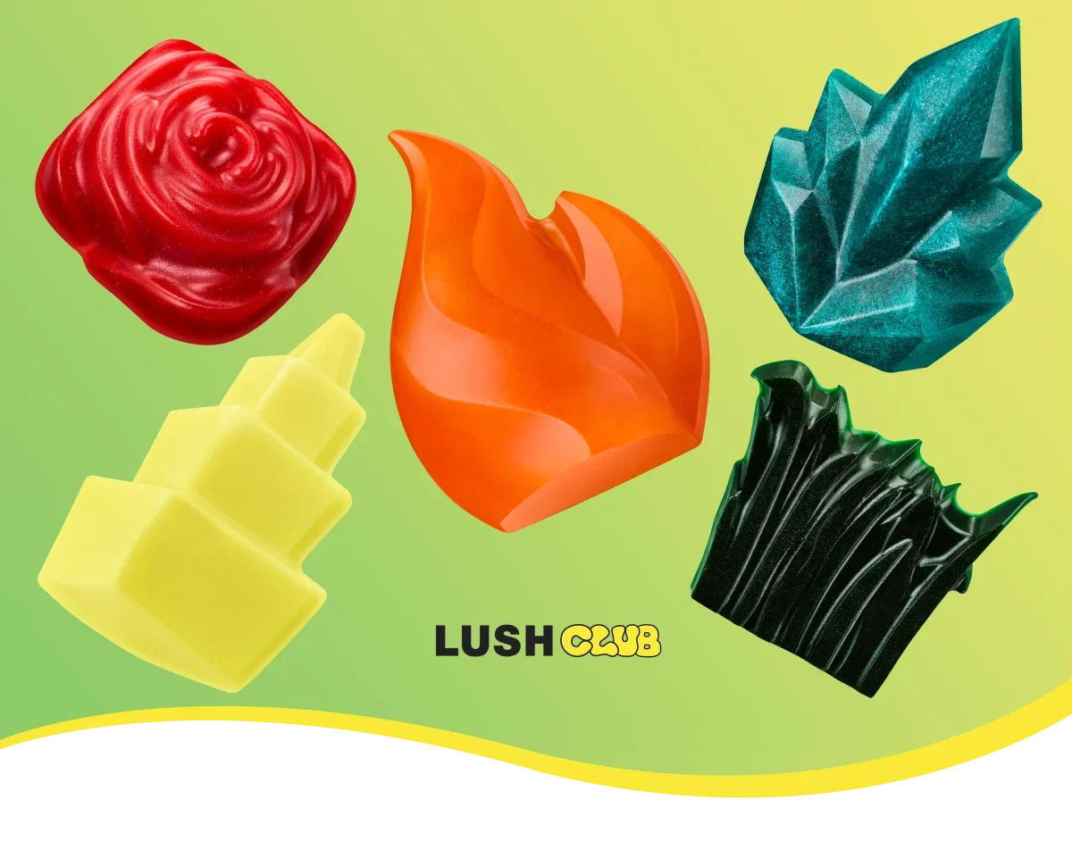 A group of five shower gummies and Lush Club logo