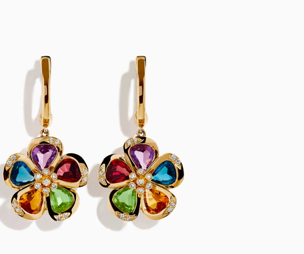 14K Yellow Gold Multi Gemstone and Diamond Flower Drop Earrings