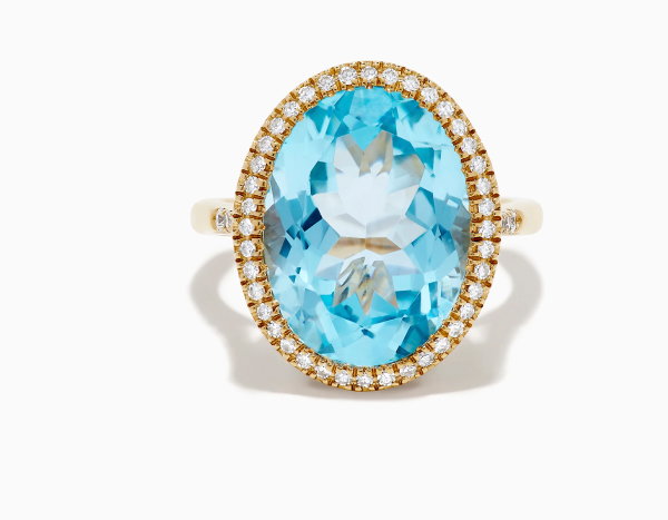 14K Yellow Gold Blue Topaz and Diamond Halo Cocktail Ring