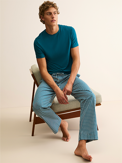 Men's Royal Cotton Lounge Trousers in Teal and White Stripe
