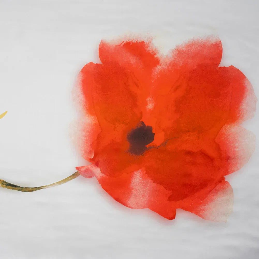 Image of Silk Charmeuse Panel 16MM, Made in Italy - Red, Green and White Watercolor Rose