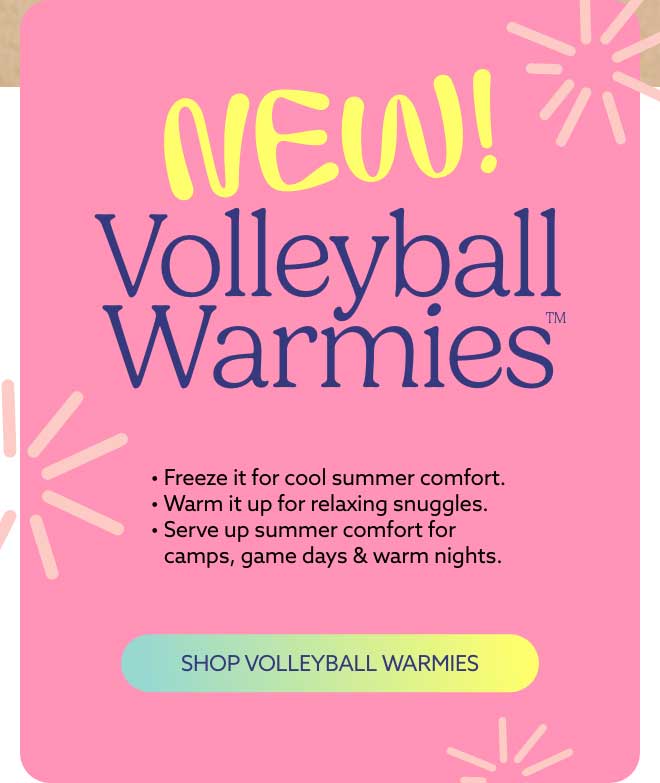A pink text card. Shop Volleyball Warmies.