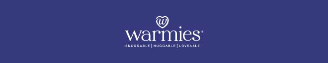 Warmies logo on blue. Shop Warmies.