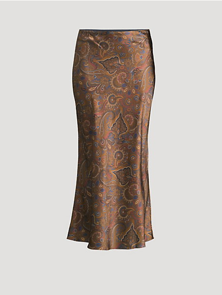 Clover Bias-Cut Satin Skirt In Paisley Print