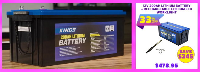 12V 200Ah Deep Cycle Lithium LiFePO4 Battery + Rechargeable Lithium LED Worklight