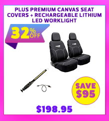 Plus Premium Canvas Seat Covers + Rechargeable Lithium LED Worklight