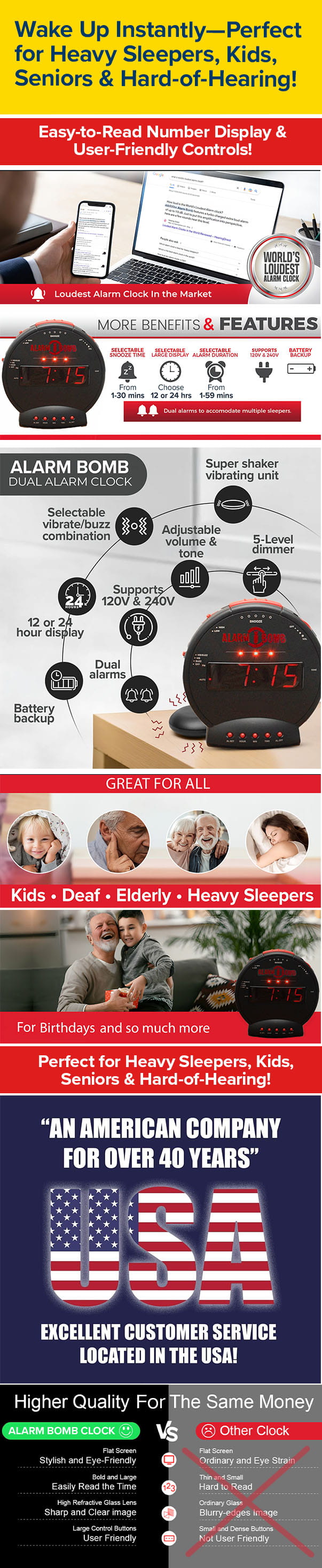 Wake Up Instantly—Perfect for Heavy Sleepers, Kids, Seniors & Hard-of-Hearing!
